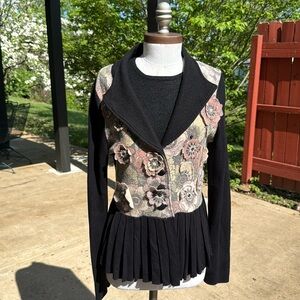 Anthropologie Floral Black Cardigan with Pleated Peplum Hem - Size L